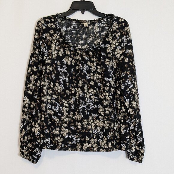 A.N.A. Black/White Floral Long Sleeve Boho Peasant Pullover Top; Size L - Picture 1 of 4